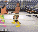 two wrestlers are fighting in a ring and the time is 15:01