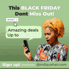 an advertisement for indiquehair.com shows a surprised woman looking at her phone