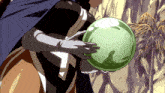 a woman is holding a green ball in her hands in a cartoon