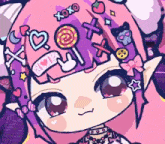 a cartoon drawing of a girl with a lollipop and the word xoxo on her forehead