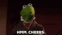kermit the frog is wearing a suit and tie and holding a glass of wine and saying `` hmm . cheers . ''