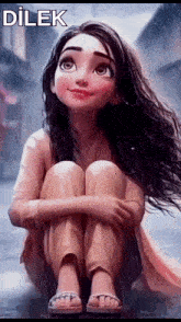 a cartoon girl is sitting on the ground in the rain with her legs crossed .