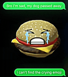 a cartoon of a hamburger with tears coming out of its eyes and the words " bro i 'm sad "