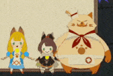 a group of cartoon characters are standing next to each other on a table .