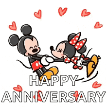 a happy anniversary greeting card with mickey mouse and minnie mouse kissing each other .