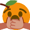 an orange emoji with a hand covering its mouth and a leaf on it 's head .