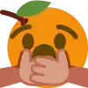an orange emoji with a hand covering its mouth and a leaf on it 's head .