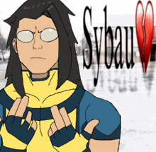 a cartoon drawing of a man with long hair and gloves with sybau written in the background