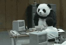 a panda bear is standing over a man sitting at a desk in an office .