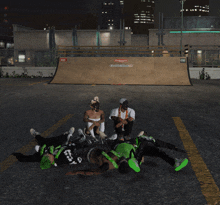 a group of skateboarders are laying on the ground in front of a ramp that says lg electronics on it