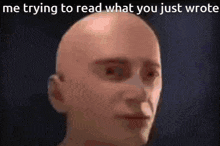 a bald man is trying to read what he just wrote .