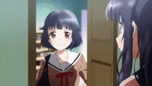a girl in a school uniform is standing in a doorway looking at another girl .