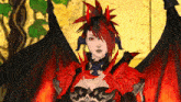 a woman with red hair and horns is wearing a black and red outfit