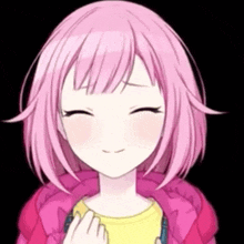 a girl with pink hair is wearing a pink jacket and a yellow shirt