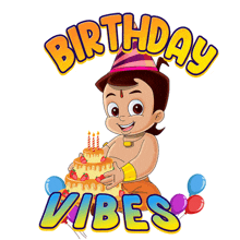 a cartoon of a boy holding a cake with the words birthday vibes below him