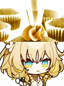 a cartoon of a girl with a sword next to a cupcake