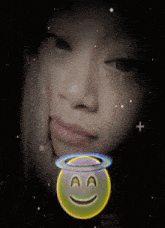 a woman 's face is surrounded by a smiley face and an angel halo