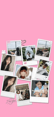 a collage of photos on a pink background with the words i love you on the bottom