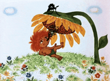 a cartoon drawing of a boy holding a sunflower
