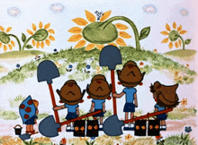 a group of children are holding shovels in a cartoon scene