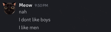a black cat says meow 9:50 pm nah i don t like boys and i like men