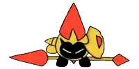 a cartoon character with a red spear and shield .