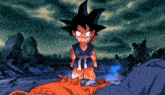 a cartoon character named goku is standing next to a dead body