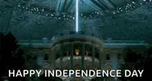 a white house with a light coming out of the ceiling and the words `` happy independence day '' above it .