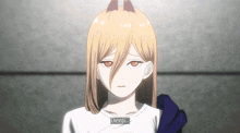 a close up of a girl with red eyes and the word denji on the bottom