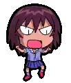 a pixel art drawing of a girl with purple hair making a funny face with her mouth open .