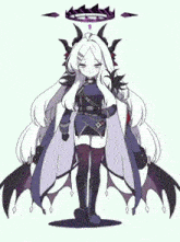a cartoon of a girl with long white hair and a purple halo .