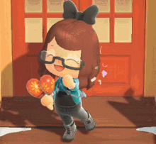 a cartoon character with glasses and a bow on her head is holding maracas