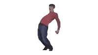 a man in a red shirt and blue jeans is dancing .