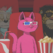 a pink cat wearing 3d glasses is sitting in a theater watching a movie