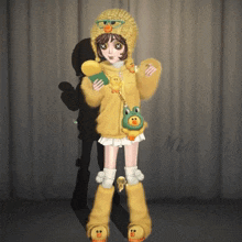 a girl with a duck hat and a frog bag
