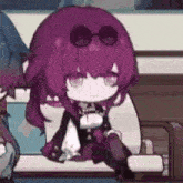 a girl with purple hair is sitting on a bench wearing sunglasses .