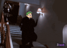 a cartoon of a man with green hair and glasses is shown in a room with 3look written on the bottom right