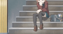 a girl is sitting on a set of stairs with a teddy bear in her bag