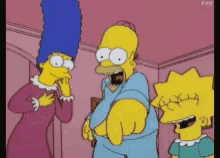 a cartoon of homer simpson pointing at a woman and a child