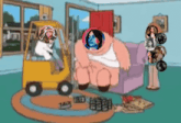a cartoon shows a forklift carrying a woman 's head in a circle