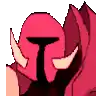 a pixel art drawing of a red knight with horns and a t on his helmet .