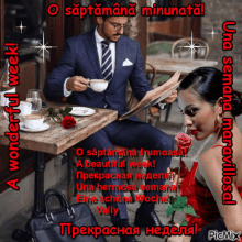a man in a suit and tie sits at a table with a woman reading a newspaper