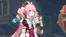 a girl with pink hair and blue eyes stands in a dark room