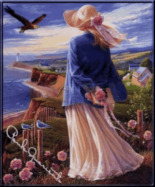 a painting of a woman standing on a cliff overlooking the ocean with a lighthouse in the distance