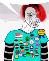 a cartoon of a person with red hair and a quirky award