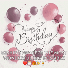 a birthday card for a niece with pink balloons and the words wishing my niece the most wonderful day possible