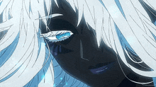 a close up of a person 's face with white hair