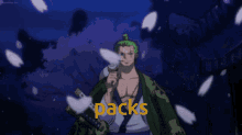 a cartoon of a man with the word packs on the bottom