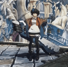 a cartoon character is holding a sword and a book