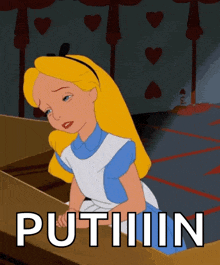 a cartoon of alice from alice in wonderland sitting at a piano with the words putiiiin below her